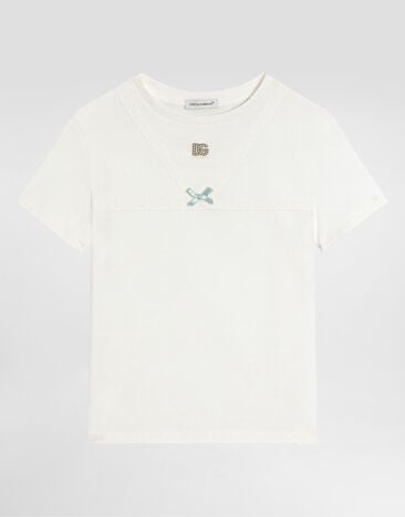 Dolce & Gabbana Jersey t-shirt with metallic DG logo with rhinestones White L5JTQMG7PYG