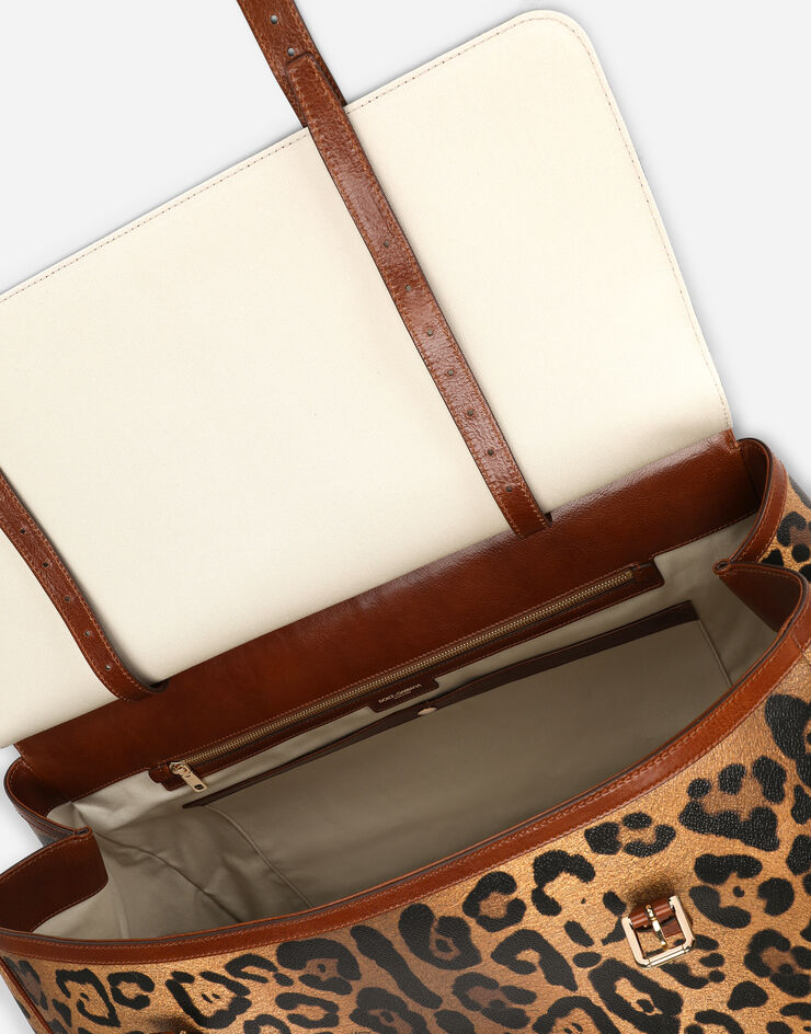 Dolce & Gabbana Bolsa de viaje mediana en crespo estampado leopardo con placa con logotipo Multicolor BB4840AW384