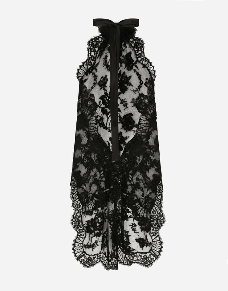 Dolce & Gabbana Top asimétrico de encaje con detalle de flor en el cuello Negro F79EPTHLM44