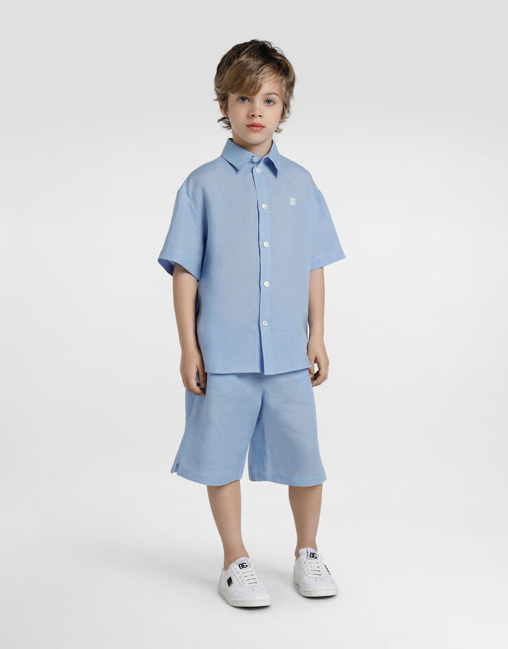 Dolce & Gabbana Short-sleeved linen canvas shirt Azure L44S55FU4MH