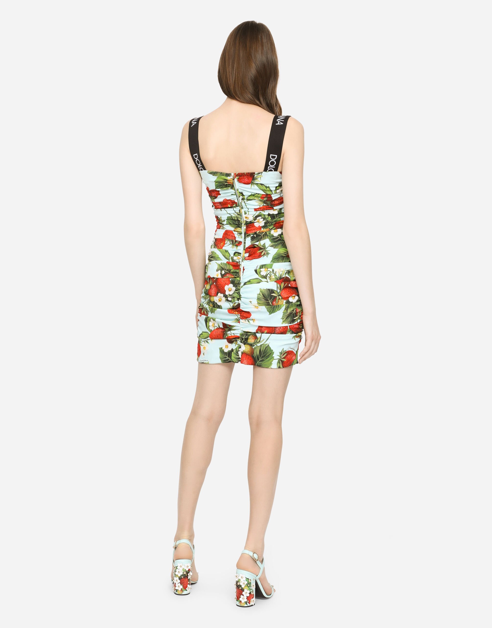 Short charmeuse dress with strawberry print