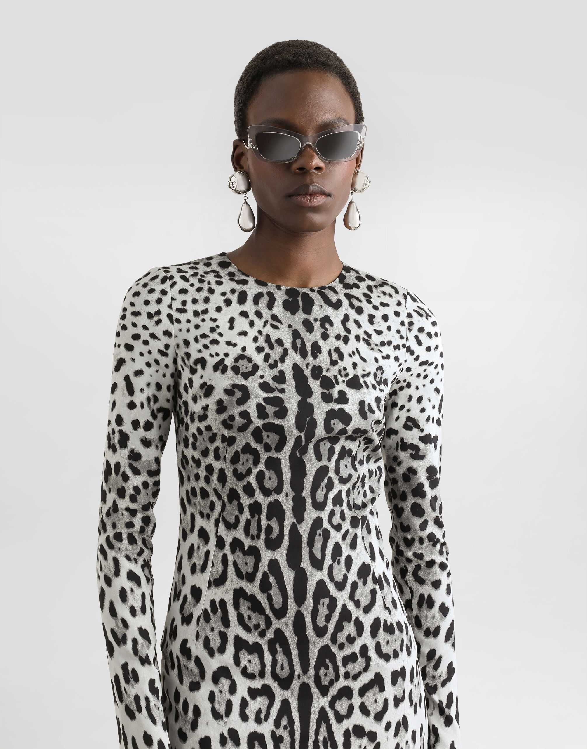 Charmeuse calf length sheath dress with leopard print