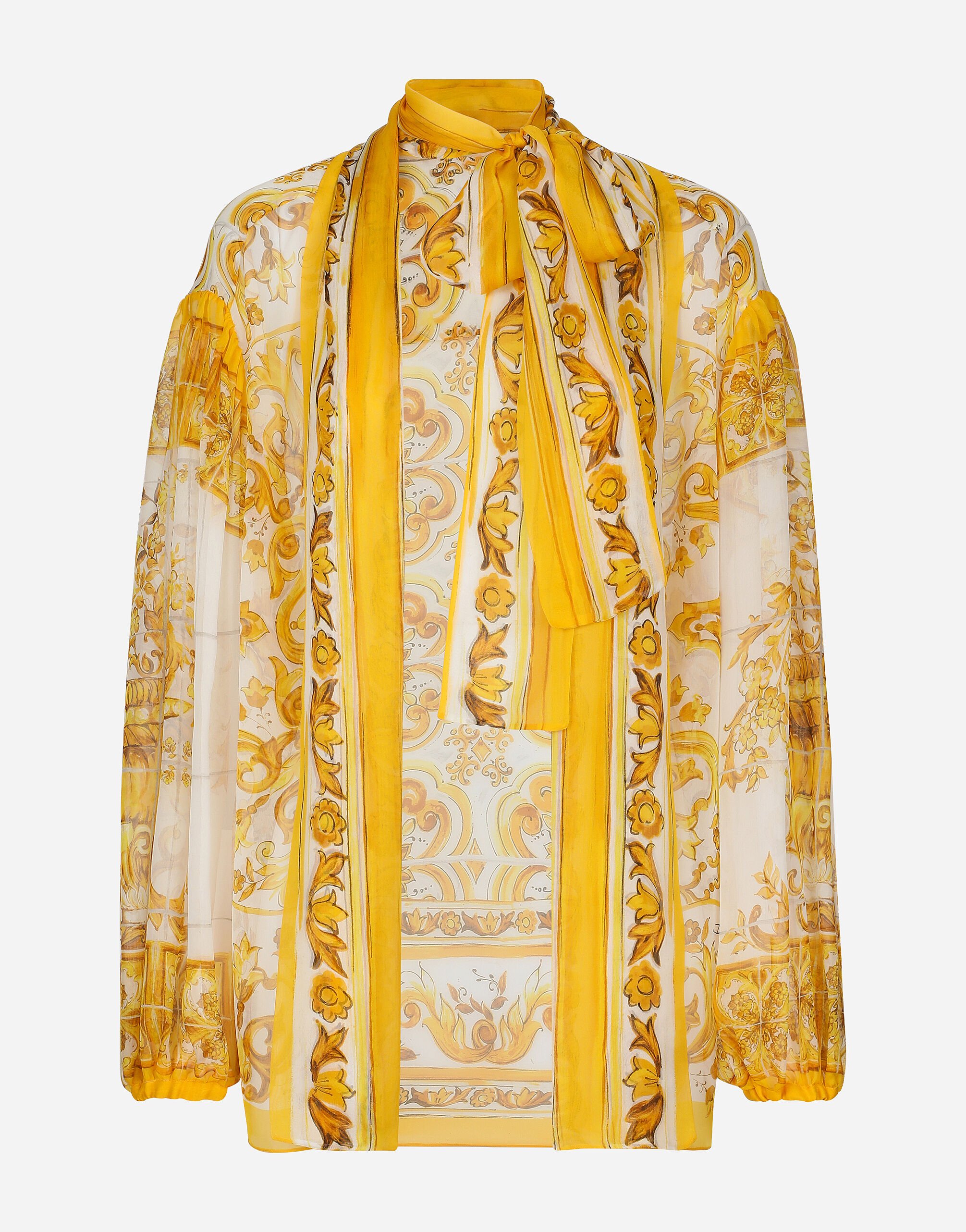 Dolce & Gabbana Bluse mit Schleife aus Chiffon Majolika-Print Drucken F6ADLTHH5A0