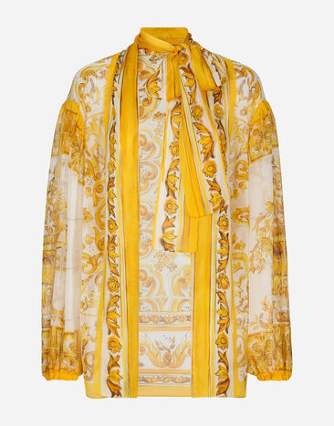 Dolce & Gabbana Camisa con lazo de chifón con estampado Maiolica Imprima F6AEITHH5A1