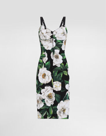 Dolce & Gabbana Stretch marquisette midi dress with gardenia print Print F6TLBTIS1XD