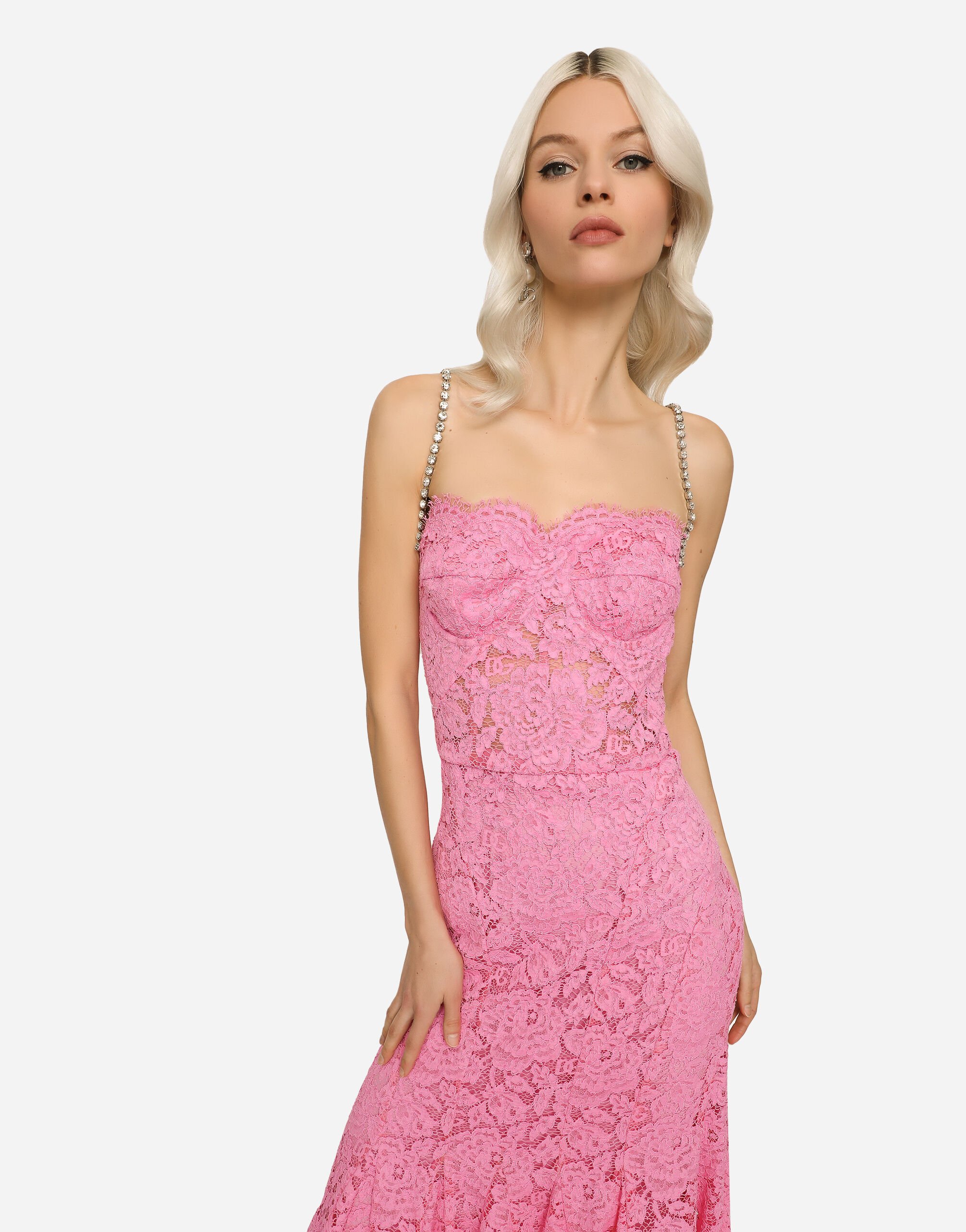 Long branded stretch lace dress in Pink for Women Dolce Gabbana US