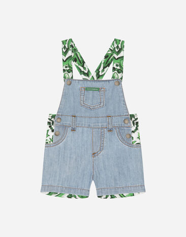 Dolce & Gabbana Poplin and denim dungarees with green majolica print Azure L11O96G7O1Y