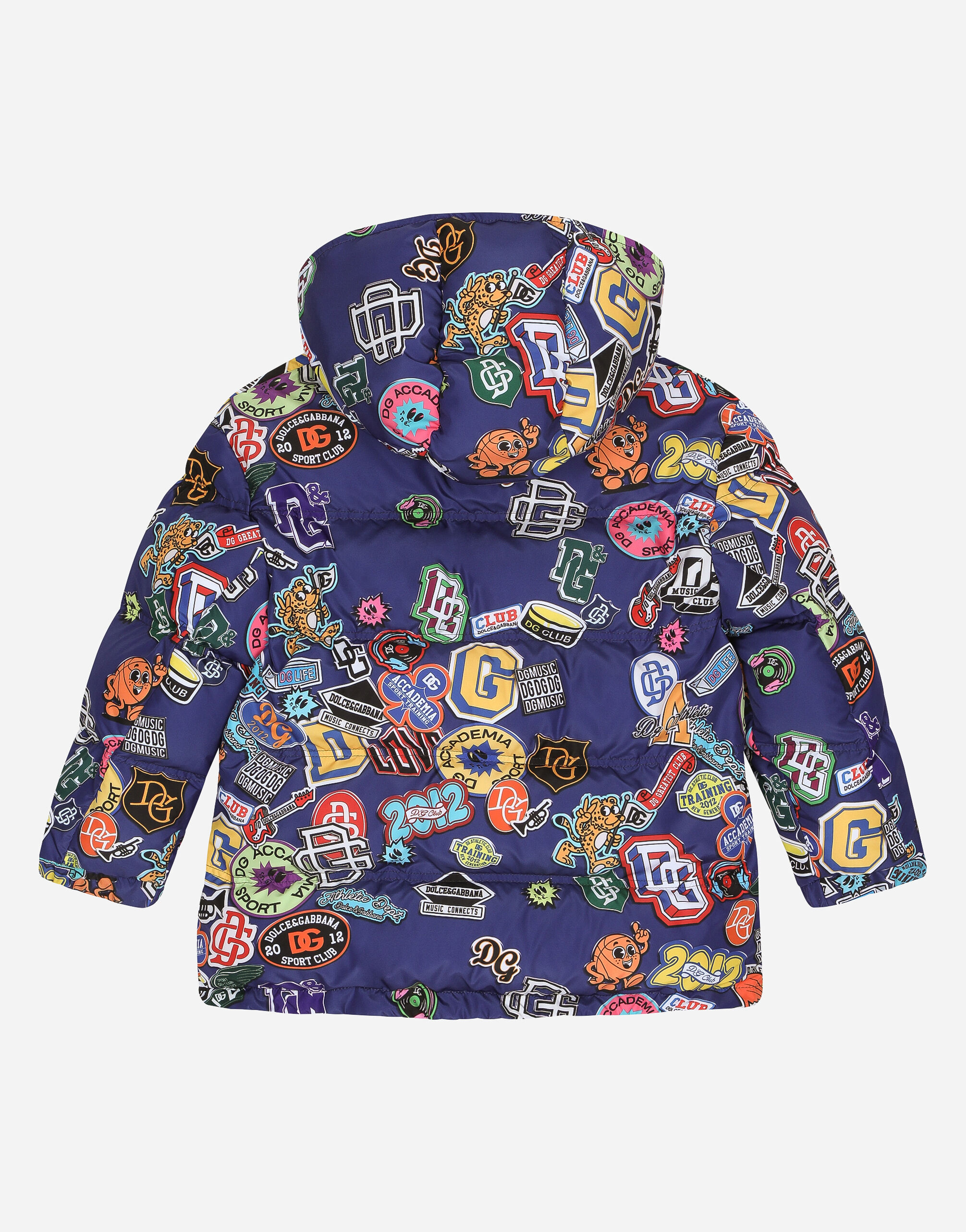 Nylon down jacket with hood and stickers print