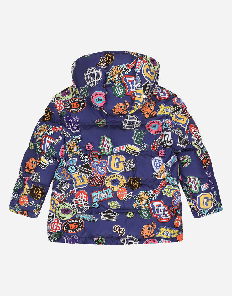 DolceGabbanaSpa Nylon down jacket with hood and stickers print Blue L4JB6FISMFK