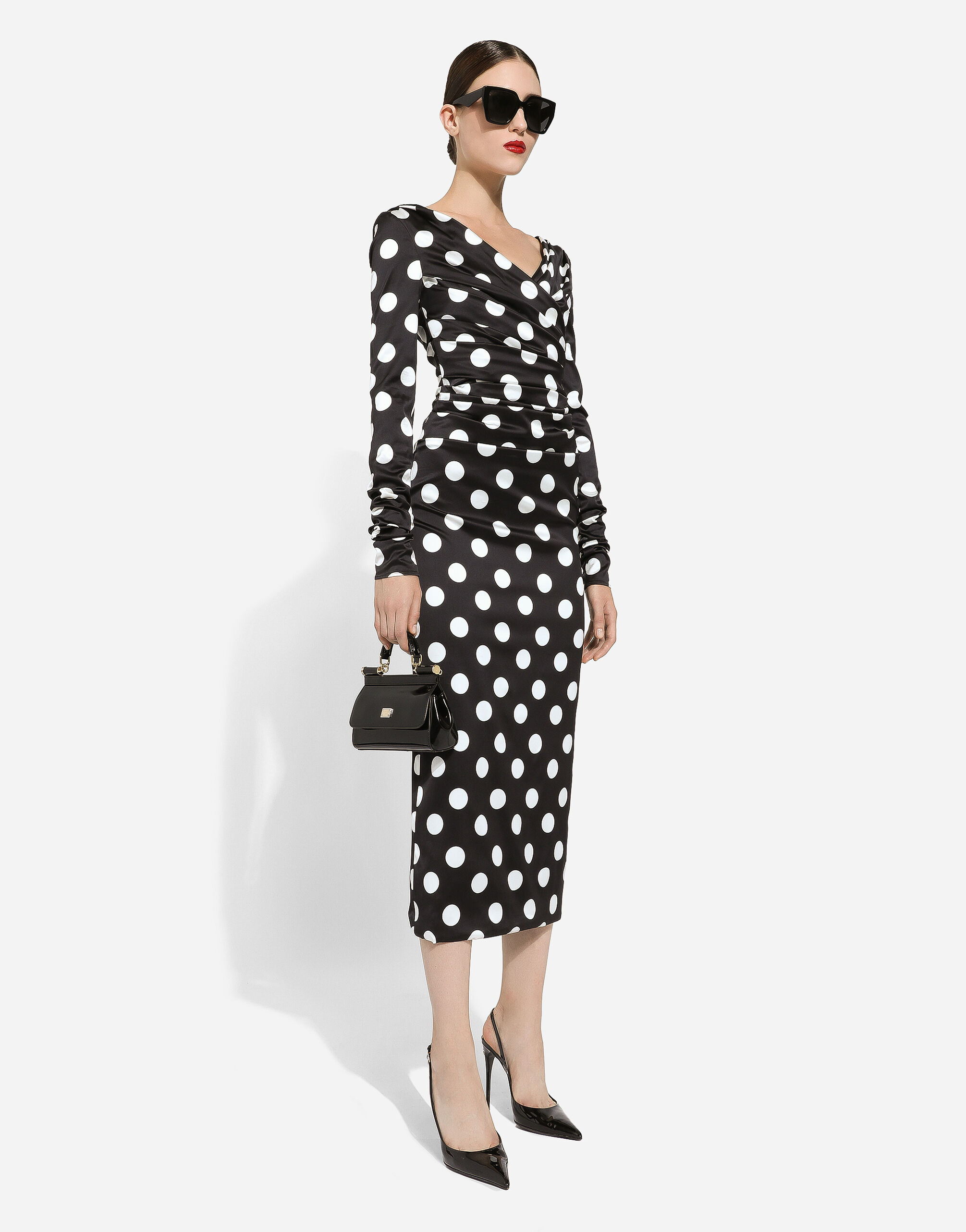 Satin midi dress with polka-dot print: in Print for Women