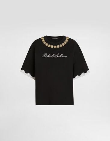 Dolce & Gabbana 珠宝链饰刺绣平纹针织 T 恤 黑 F8V62ZGDC9U
