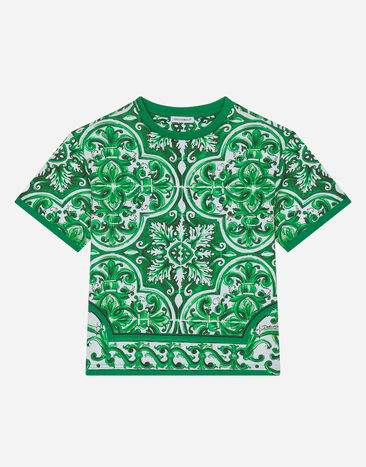 Dolce & Gabbana Jersey-T-Shirt mit grünem Majolika-Print Drucken L44S10FI5JO