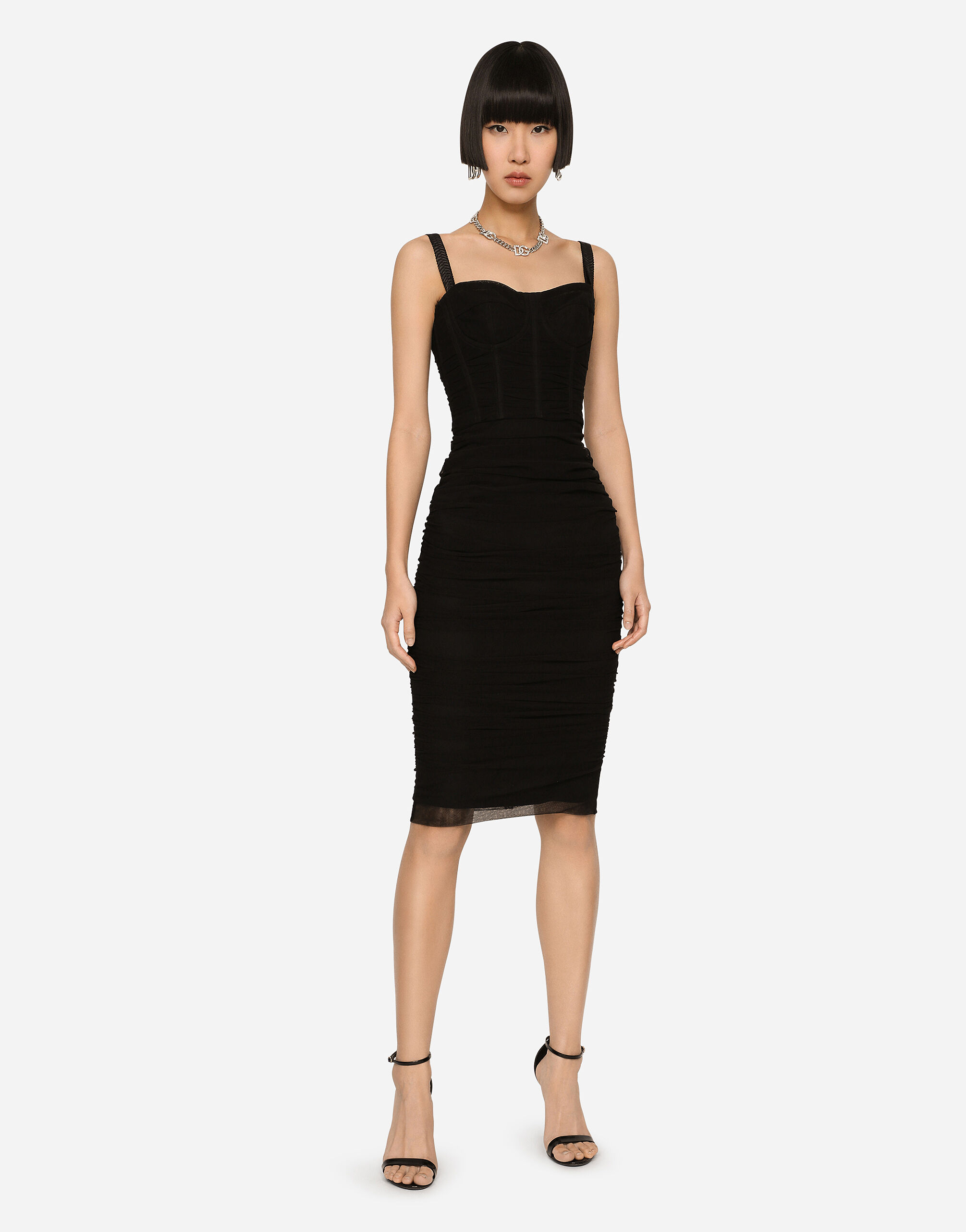 Tulle midi dress with draping and corset in Black for