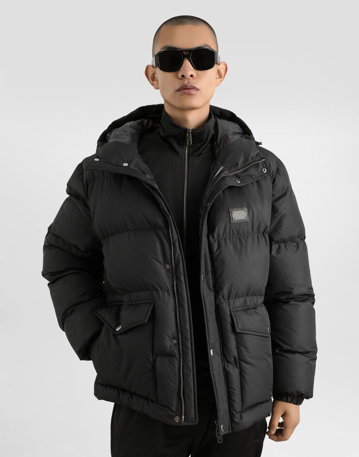 Dolce&Gabbana Piumino nylon con cappuccio e placca logata Nero G9AOKTGG781