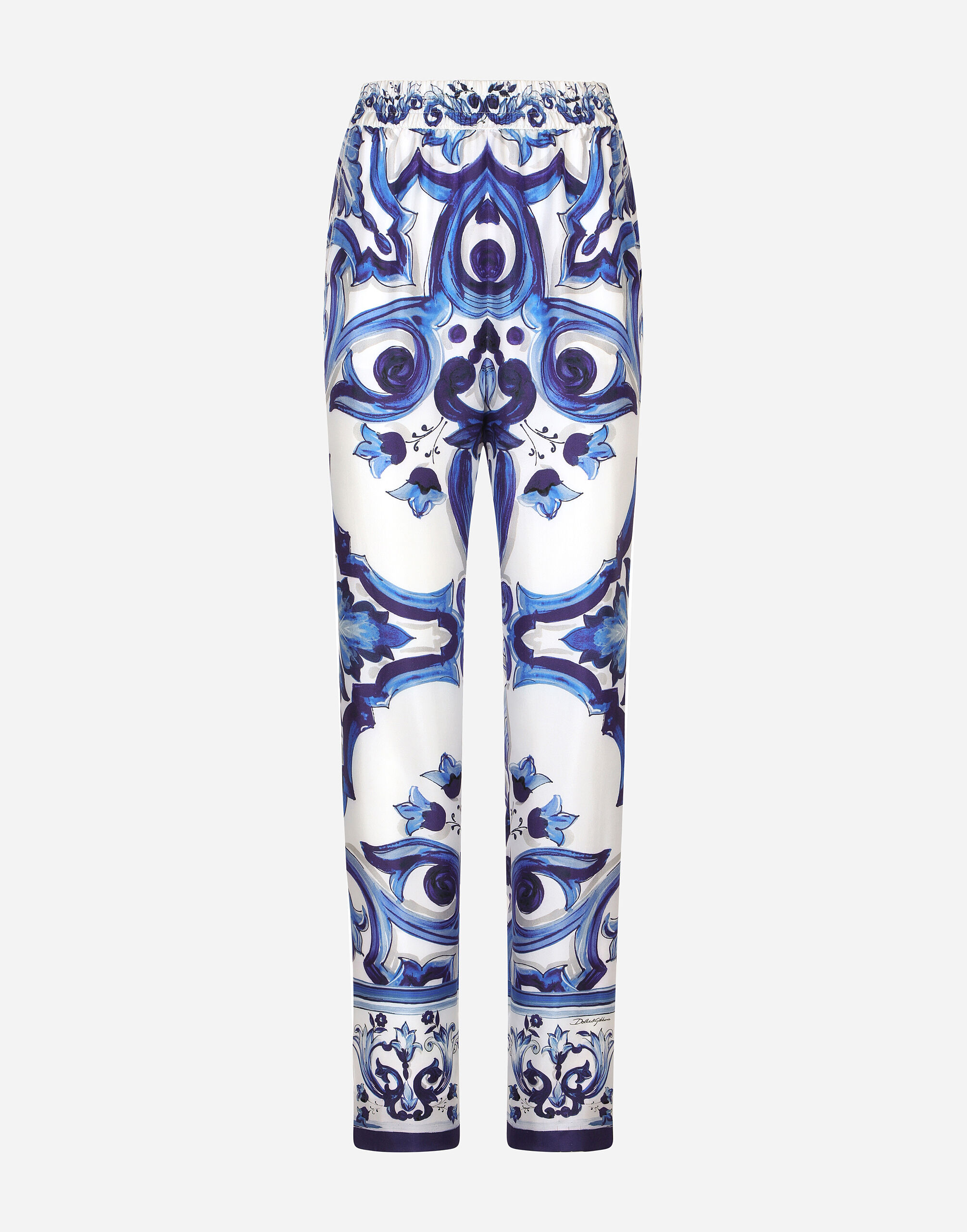 Silk twill pants with majolica print in Multicolor for Women Dolce Gabbana