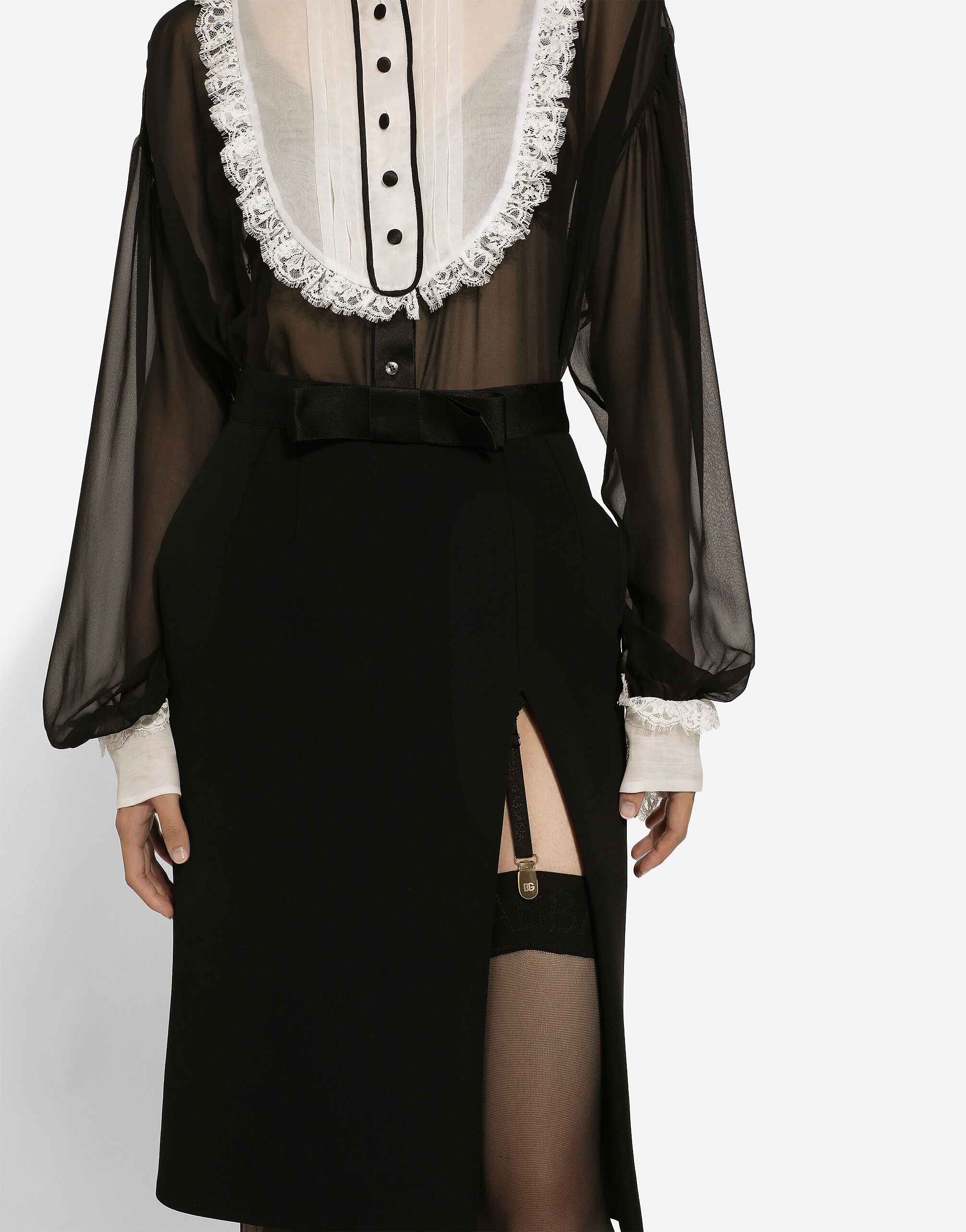 Wool midi pencil skirt with satin waistband in Black for