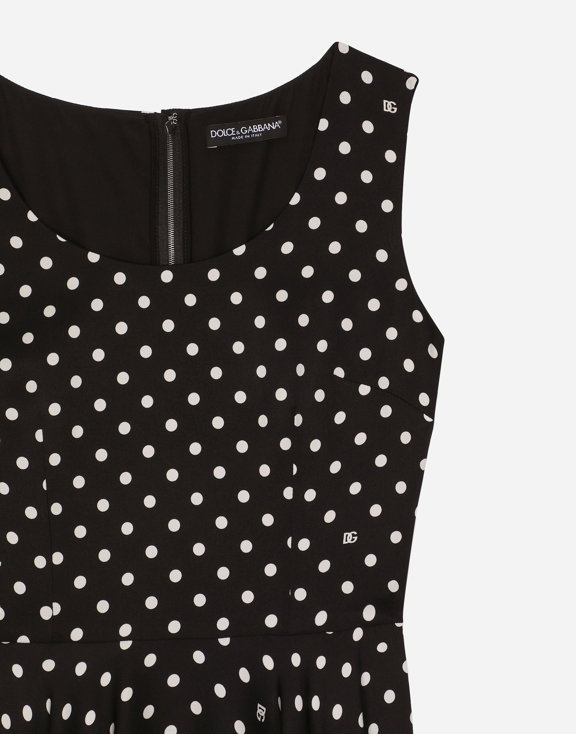 Silk charmeuse calf-length circle-skirt dress with polka-dot