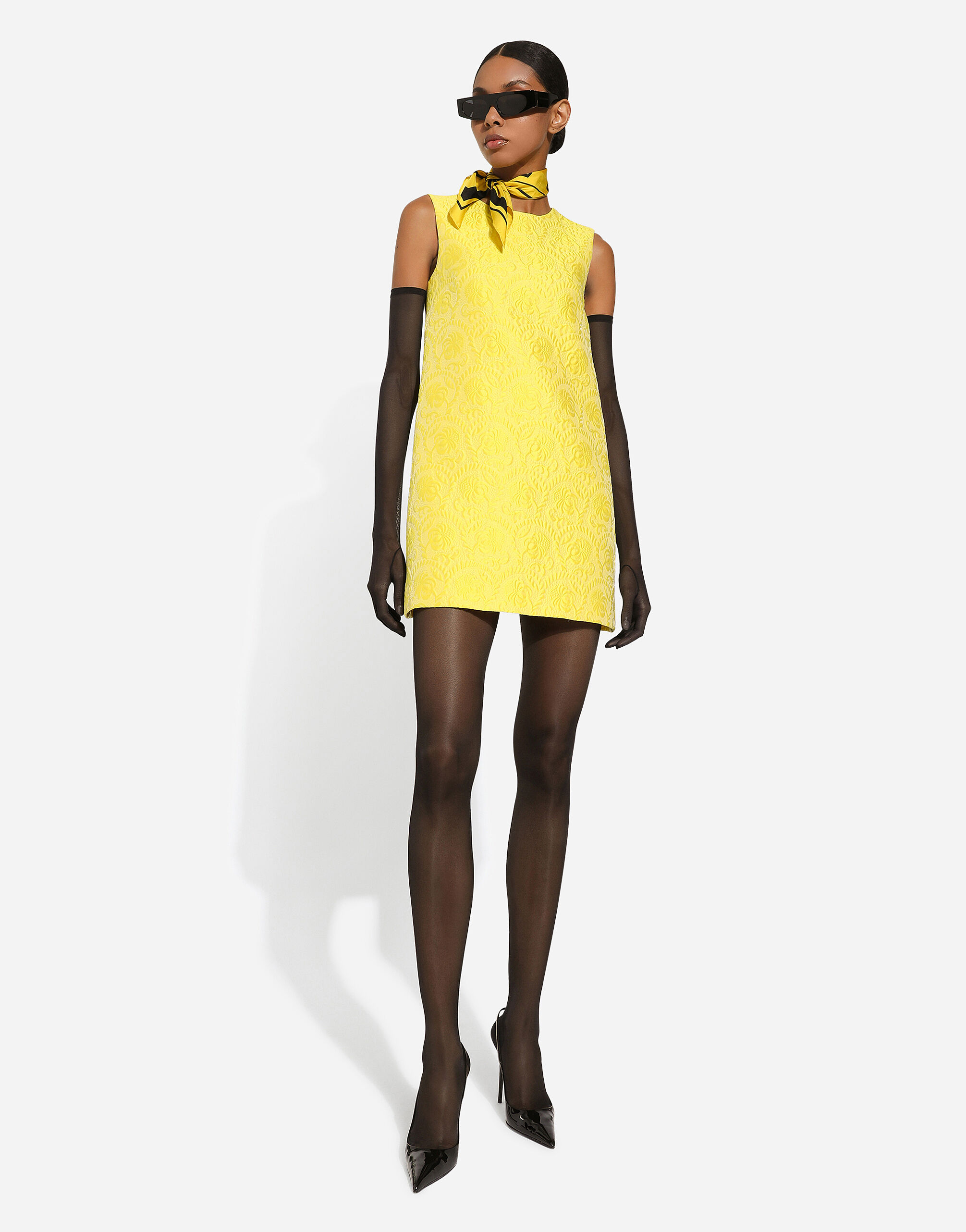 Short floral jacquard A line dress in Yellow for Women Dolce Gabbana US
