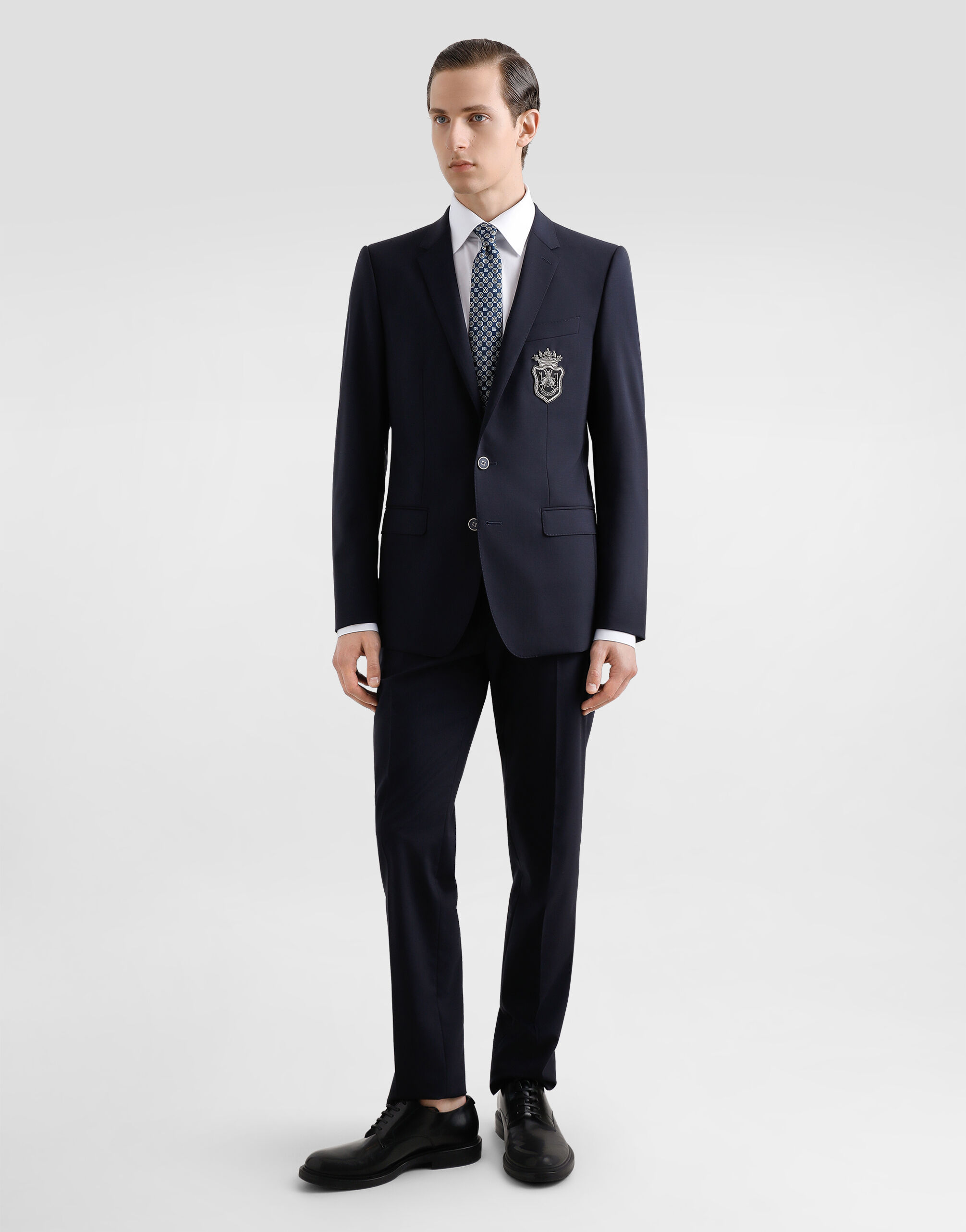 Single-breasted wool Martini-fit suit with bee and crown emblem in Blue for  Men | Dolce&Gabbana®