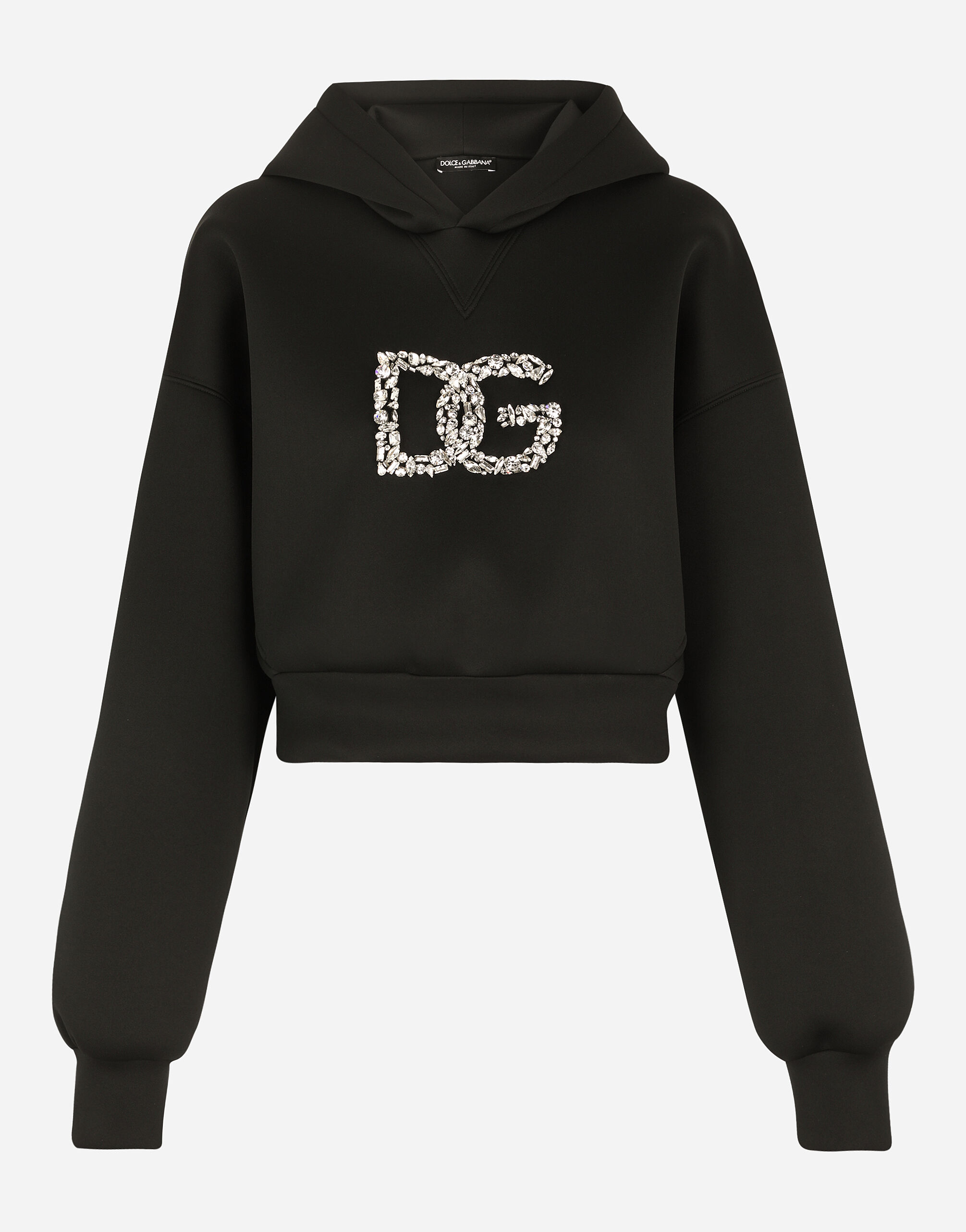 Technical jersey hoodie with crystal embellished DG logo in Black for Women Dolce Gabbana US