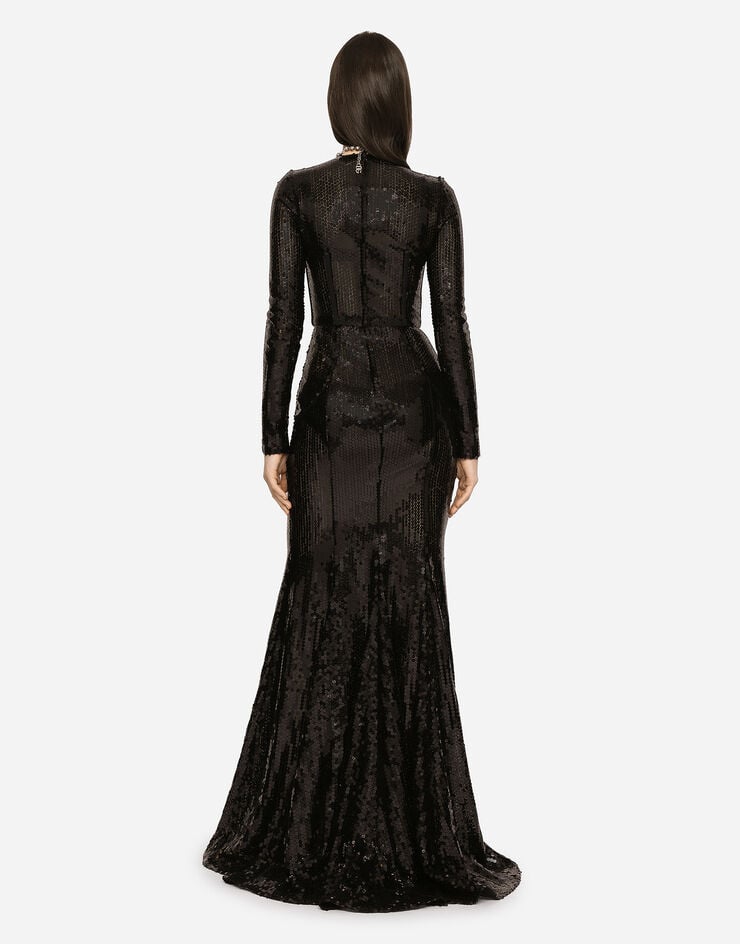 Dolce & Gabbana 코르셋 디테일 시퀸 롱 드레스 블랙 F6AUGTFLSHF