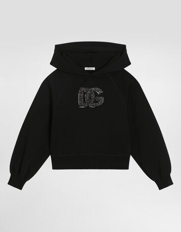Dolce & Gabbana Oversized hooded sweatshirt with logo and rhinestones Black L5JWCBG7PHM
