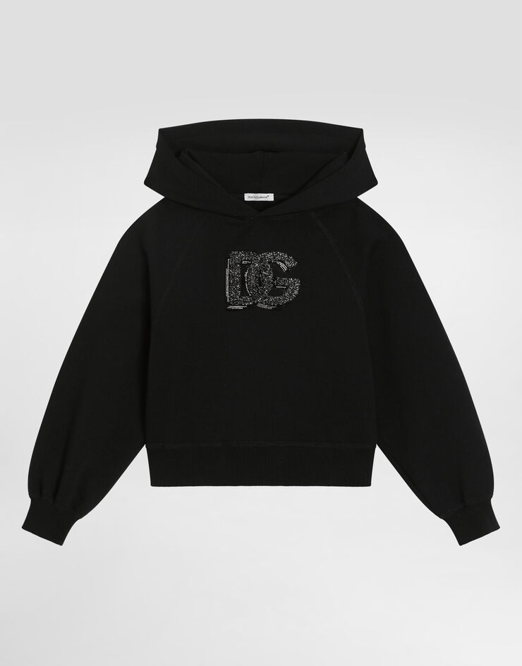 Dolce & Gabbana Oversized hooded sweatshirt with logo and rhinestones Black L5JWCBG7PHM