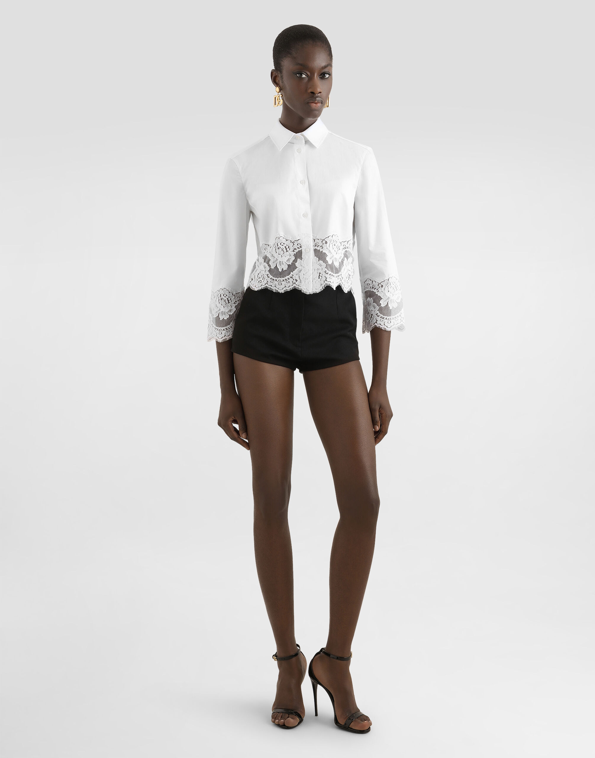 Cropped poplin shirt with lace inserts in White for Women