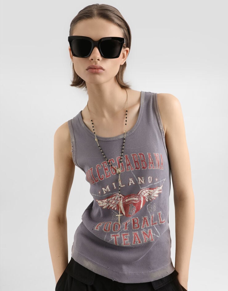 Dolce & Gabbana Ribbed tank top with distressed effect and print Multicolor F8V40TGDDO1