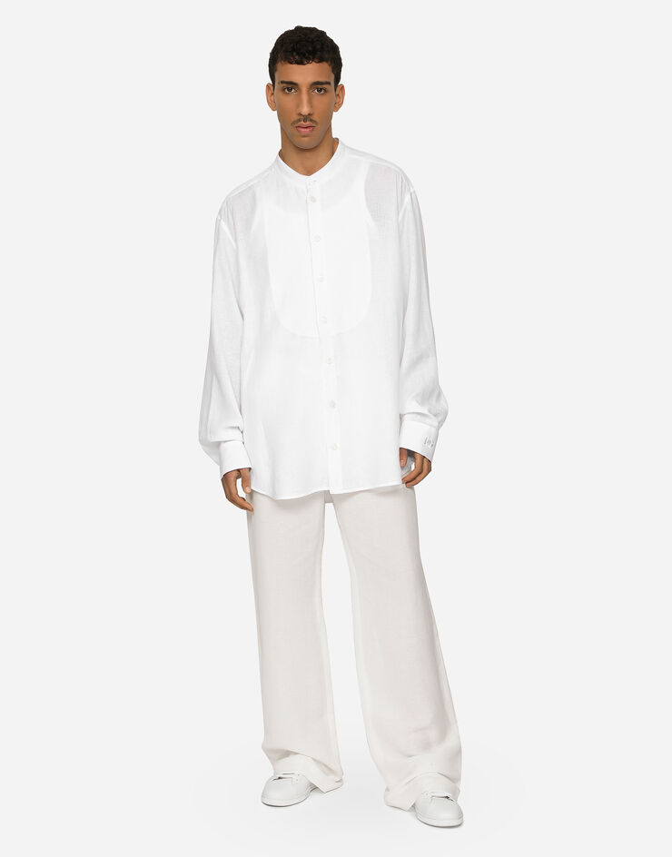 Dolce&Gabbana Camisa de lino con plastrón cómodo y DG bordado Blanc G5JV6ZFU4IK