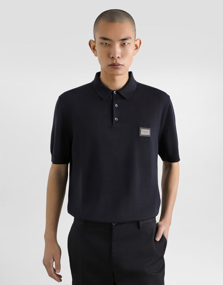 Dolce & Gabbana Pull polo en laine avec plaquette à logo Bleu GXO38TJCVC7