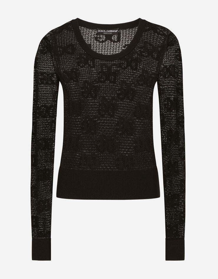 Dolce & Gabbana Long-sleeved lace-stitch sweater with DG logo Black FXD69TJAIEK