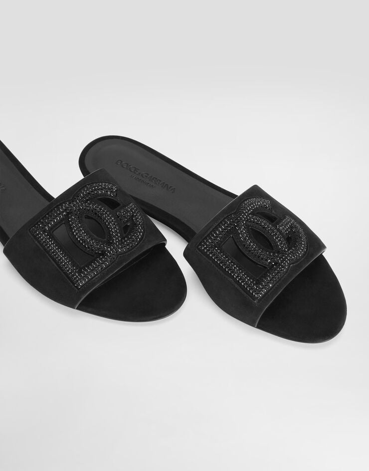 Dolce & Gabbana Suede slippers with rhinestones Black CQ0666AV148