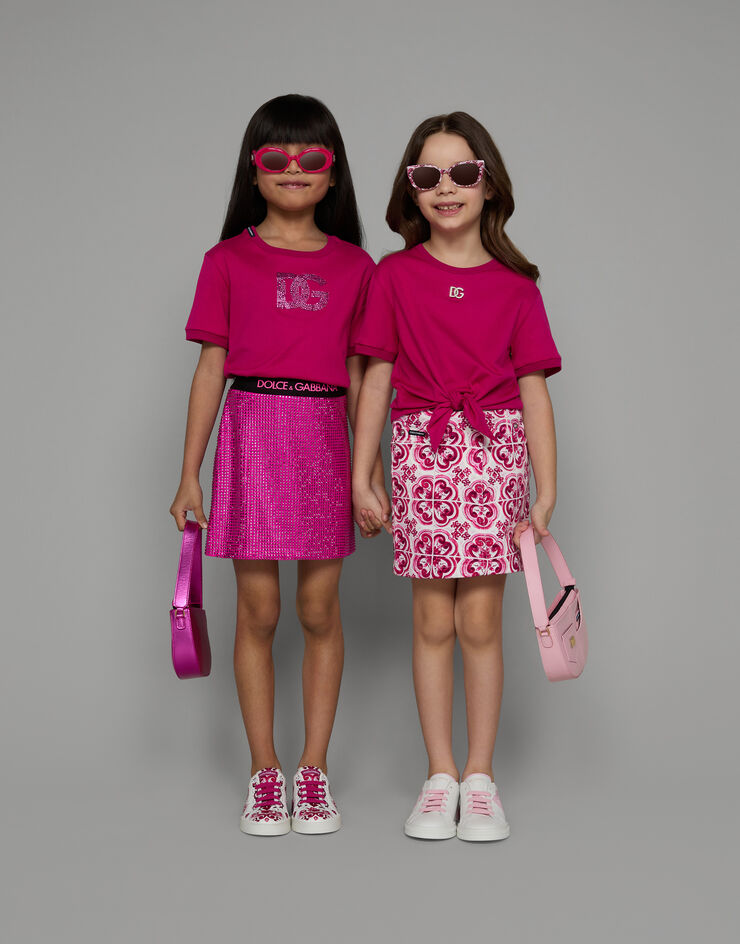 Dolce&Gabbana Jersey T-shirt with rhinestone logo Fuchsia L5JTLKG7J6P