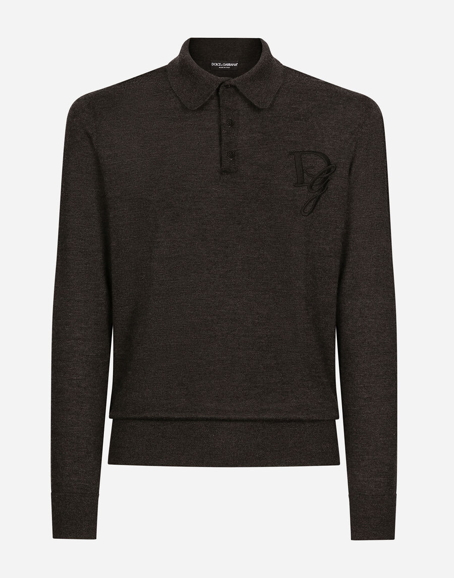 Long-sleeved cashmere polo-shirt with embroidered logo