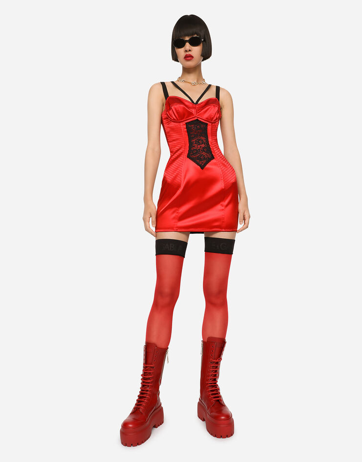 Dolce & Gabbana Kurzes Kleid aus Satin mit Detail aus Spitze Rot F6AYITFURAD