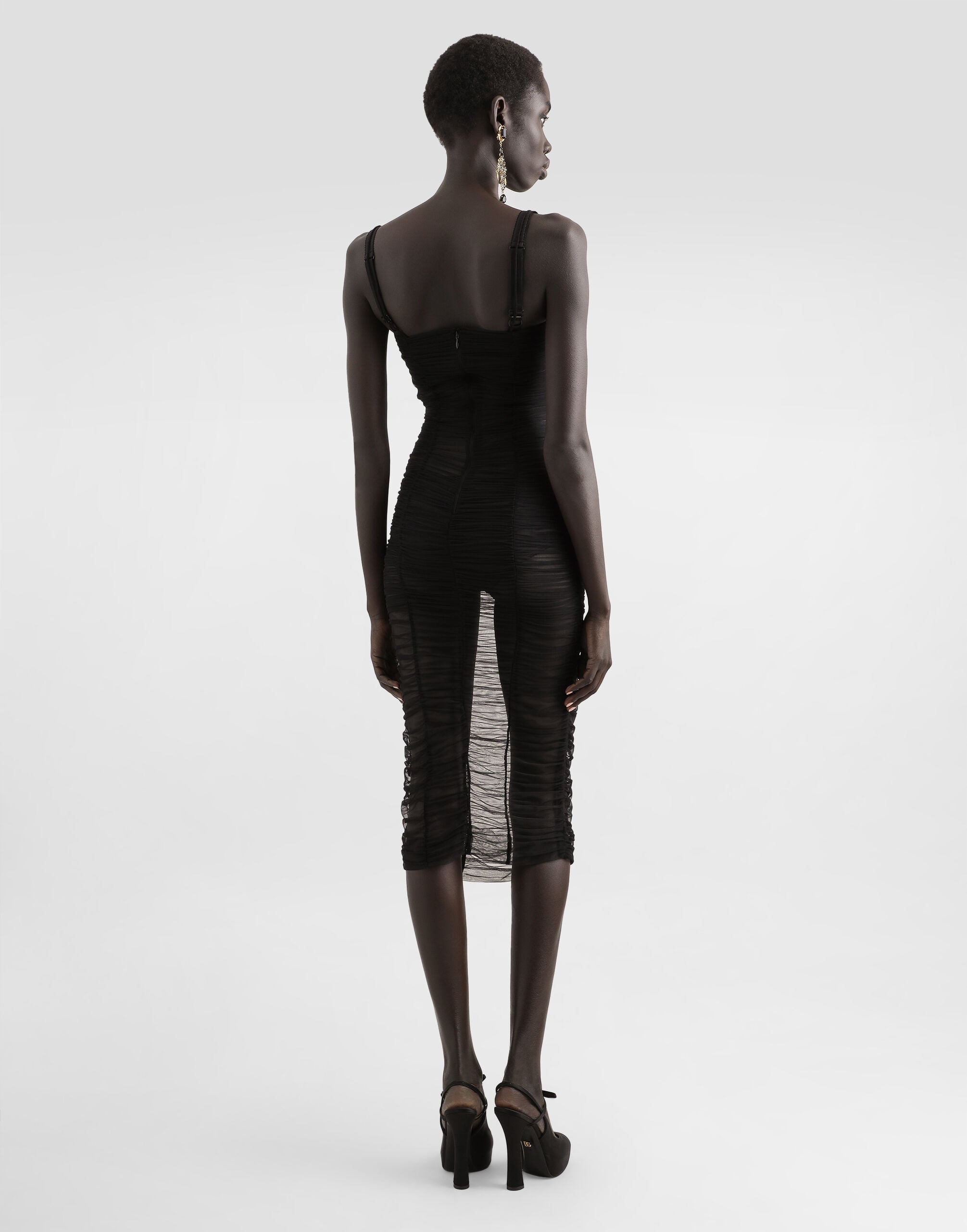 Tulle calf-length dress with draping in Black for Women