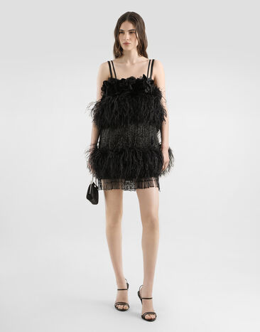 Dolce & Gabbana Satin dress with feathers Black F60FIZGDDI5