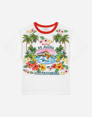 Dolce & Gabbana Jersey T-shirt with Hawaiian print Beige L4JWKLG7NXC