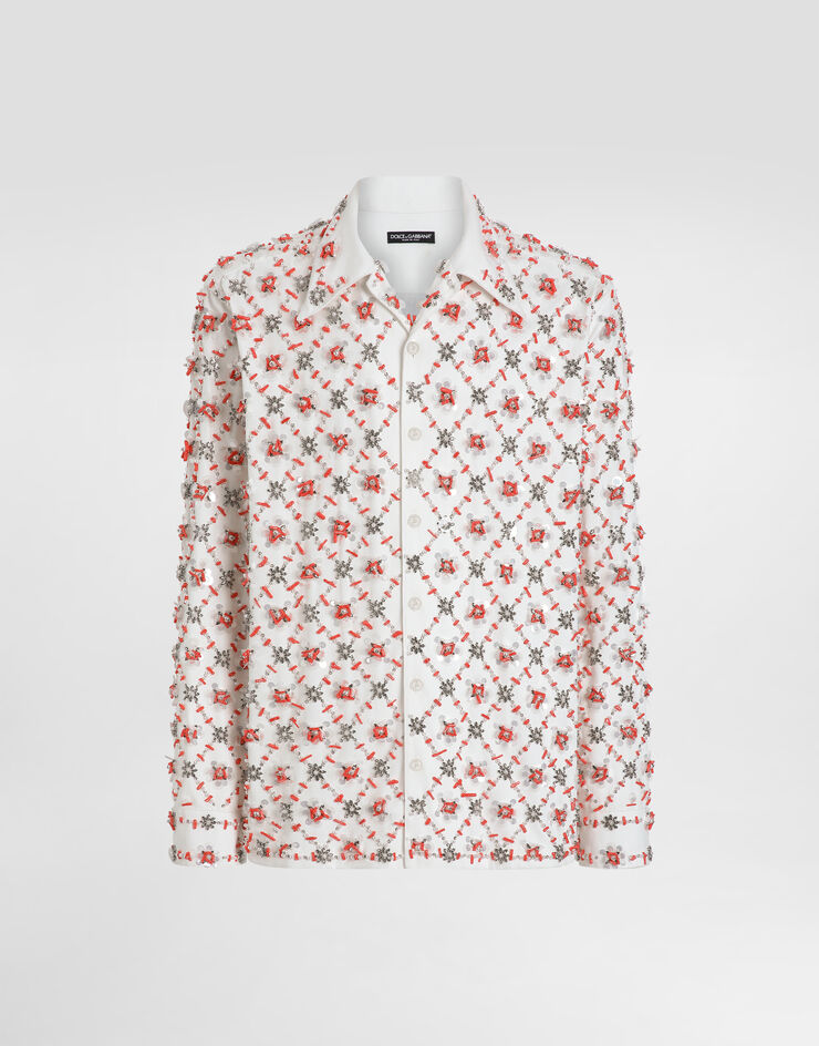 Dolce & Gabbana Long-sleeved cotton shirt with rhinestone and coral embroidery White G5NC8ZFU6X8