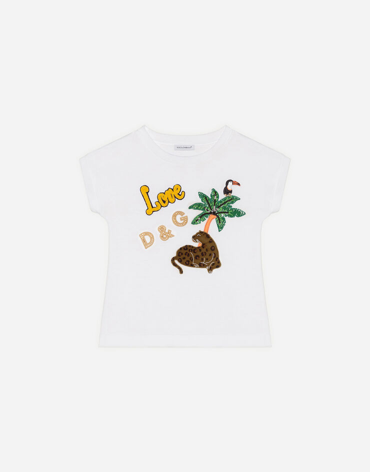 Dolce & Gabbana JERSEY T-SHIRT WITH TROPICAL ANIMAL PATCHES BLANCO L5JTCVG7WOP