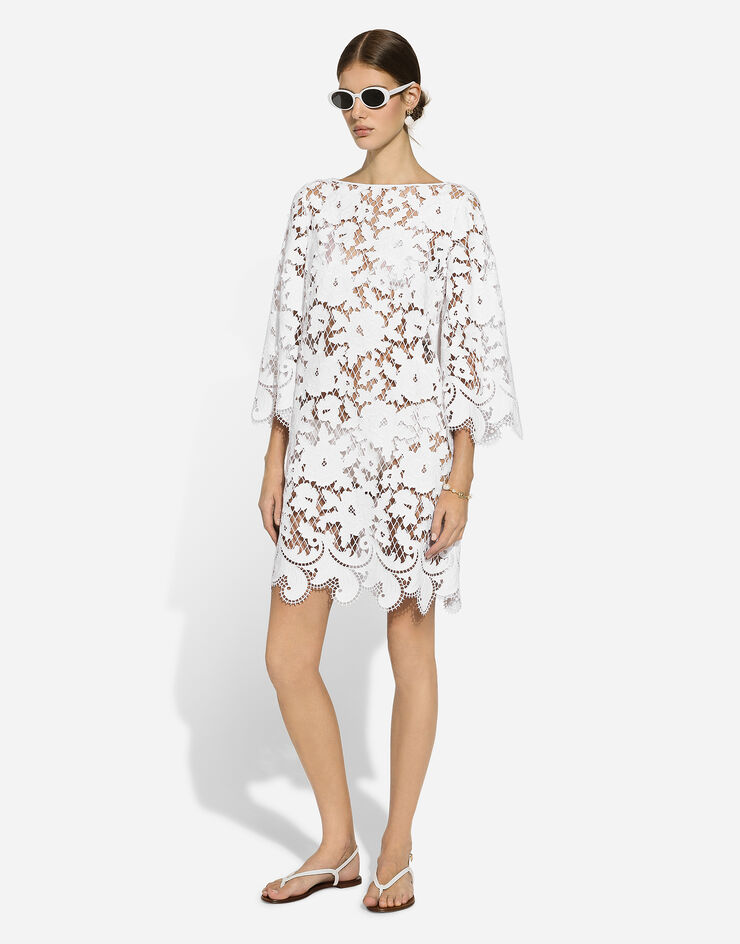 Dolce & Gabbana Fließendes kurzes Kleid aus Baumwolle mit Ausschnittstickerei Weiss F6JKRZFG6AD