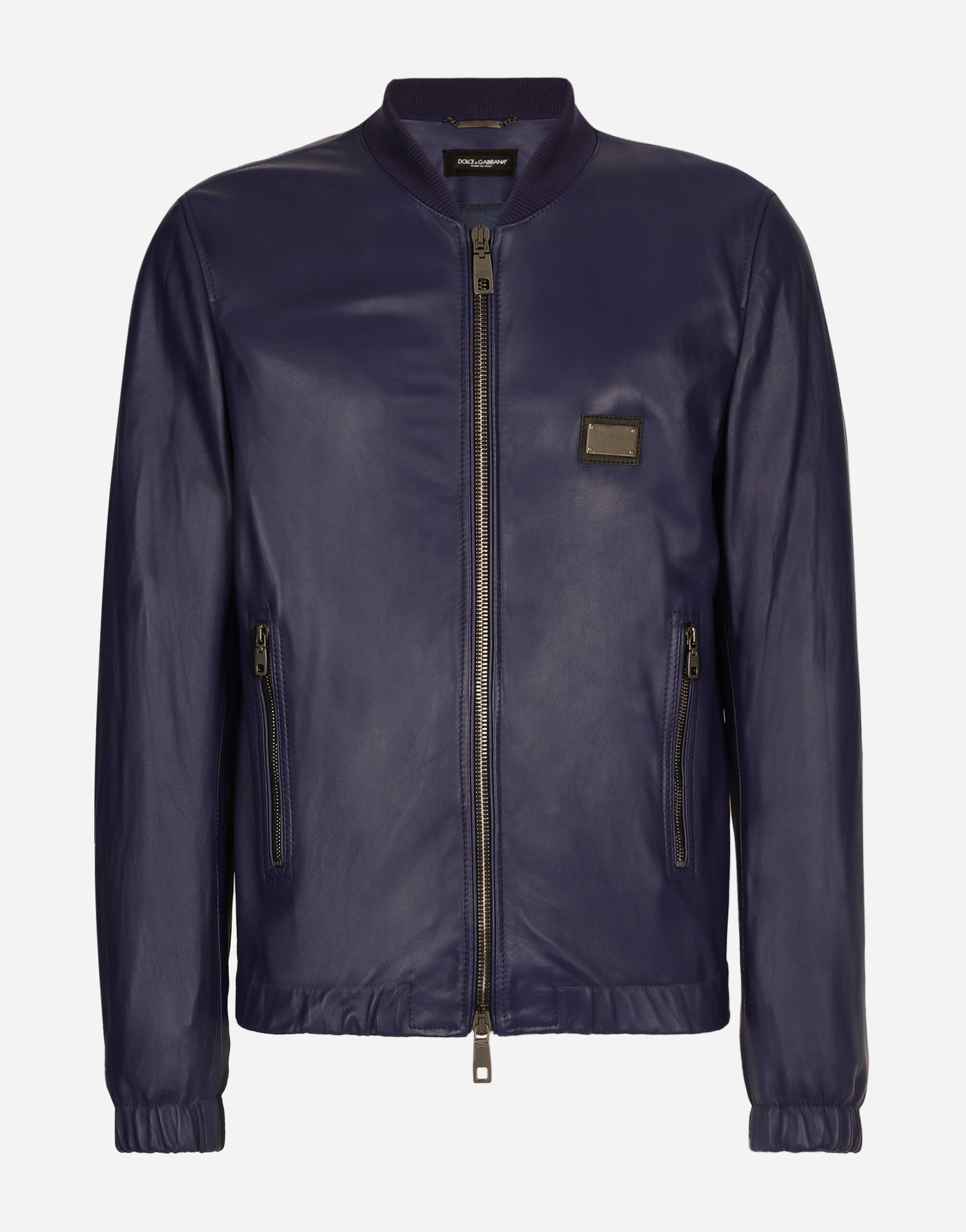 Dolce & Gabbana Leather jacket with branded tag Blue G9ARNTFUM7U