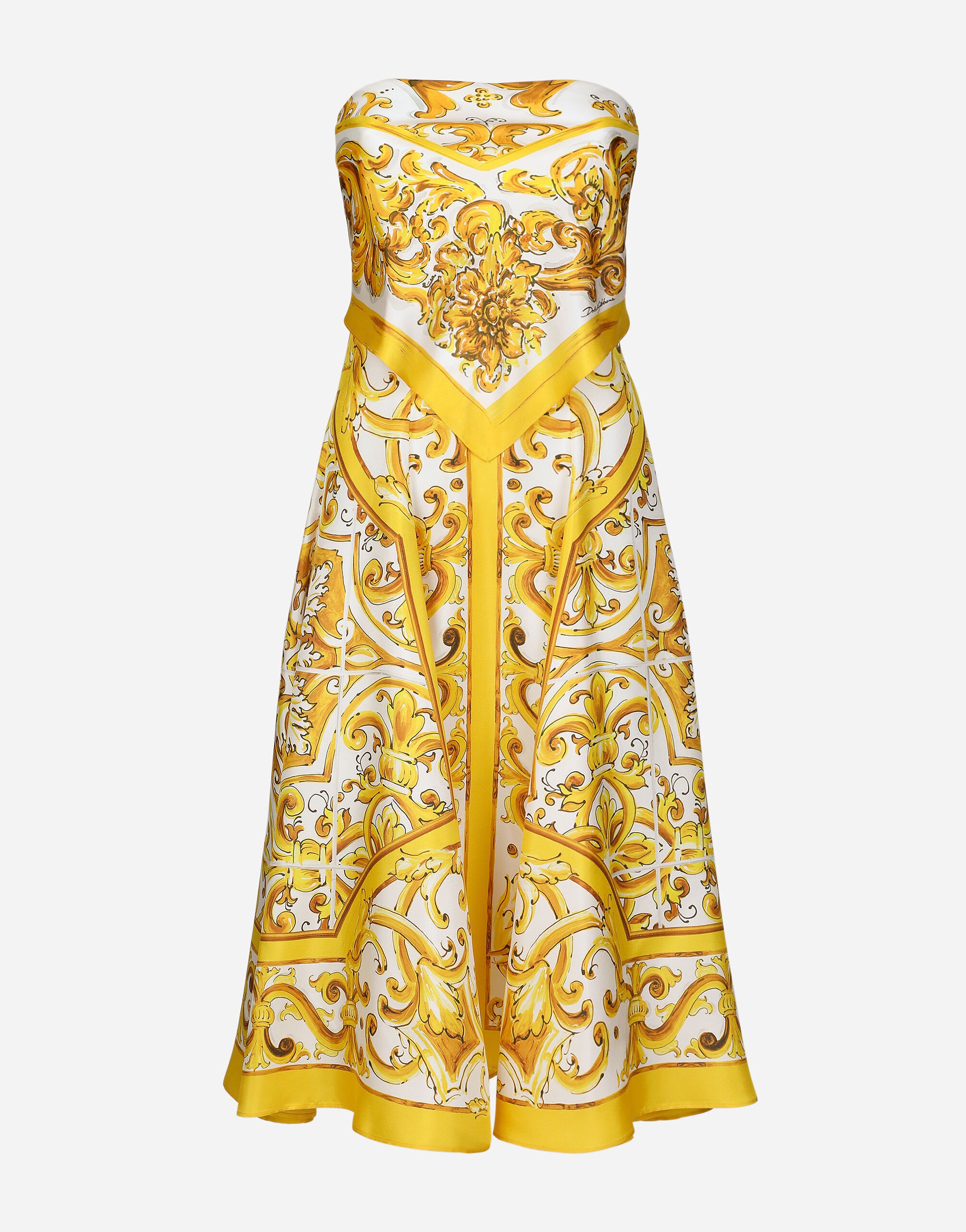 Dolce & Gabbana Midi dress with foulard effect in majolica-print silk charmeuse Yellow BB6003AW050