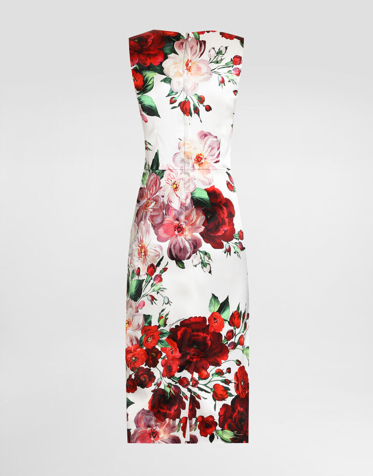 Dolce & Gabbana Sleeveless satin calf-length dress with rose print Print F6ZJ6TFSIB4