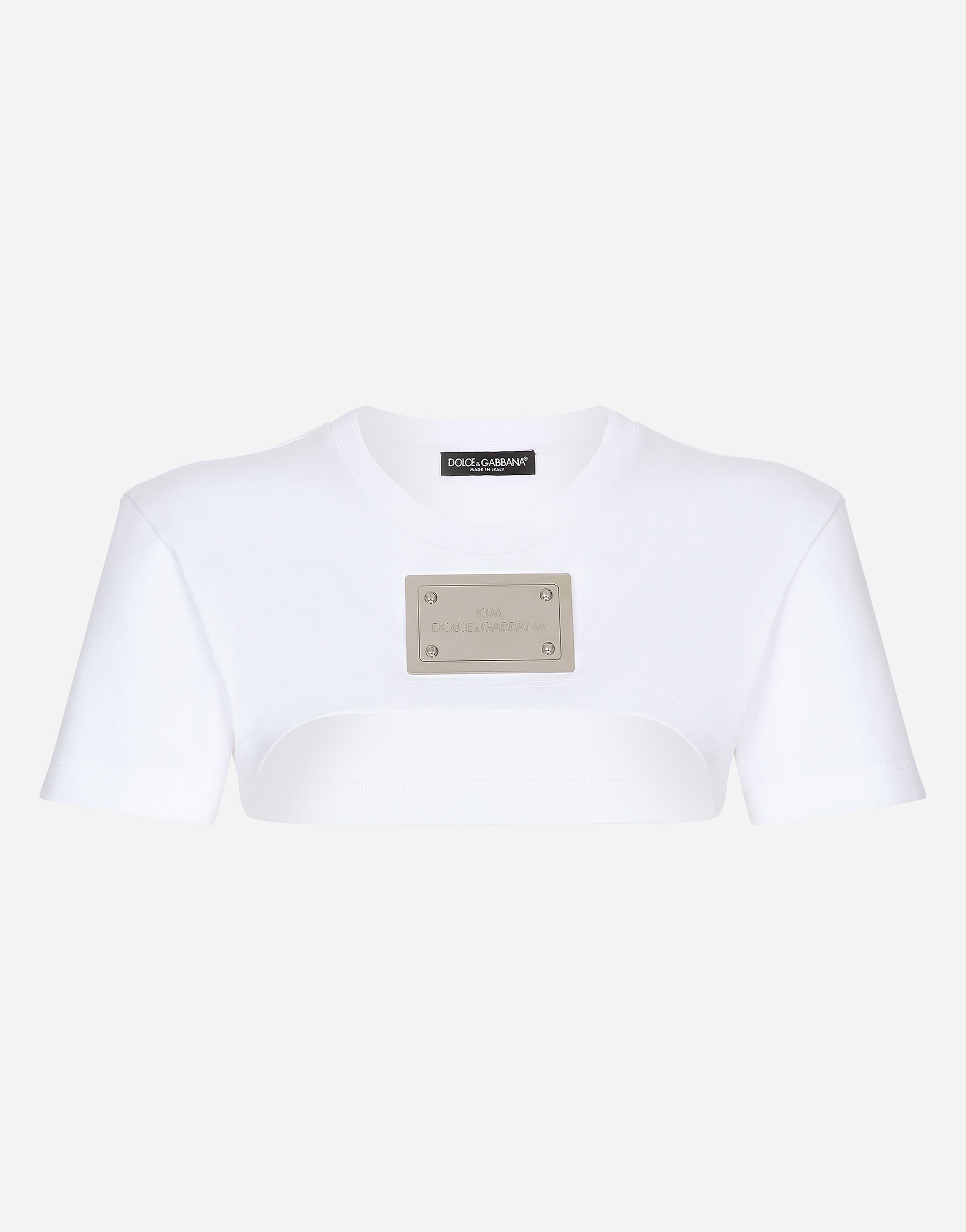 Dolce & Gabbana KIM DOLCE&GABBANA Cropped jersey T-shirt with “KIM Dolce&Gabbana” tag Crystal O1D03TONL85