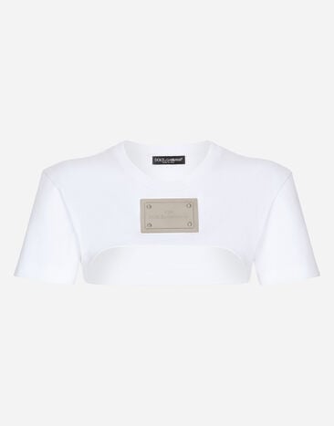 Dolce & Gabbana KIM DOLCE&GABBANA Cropped jersey T-shirt with “KIM Dolce&Gabbana” tag White F8T00ZG7H1Z