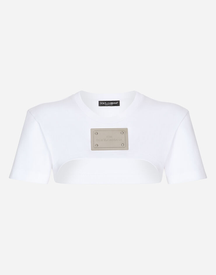Dolce & Gabbana KIM DOLCE&GABBANA Camiseta cropped de punto con placa «KIM Dolce&Gabbana» Blanco F8T99THU7H8