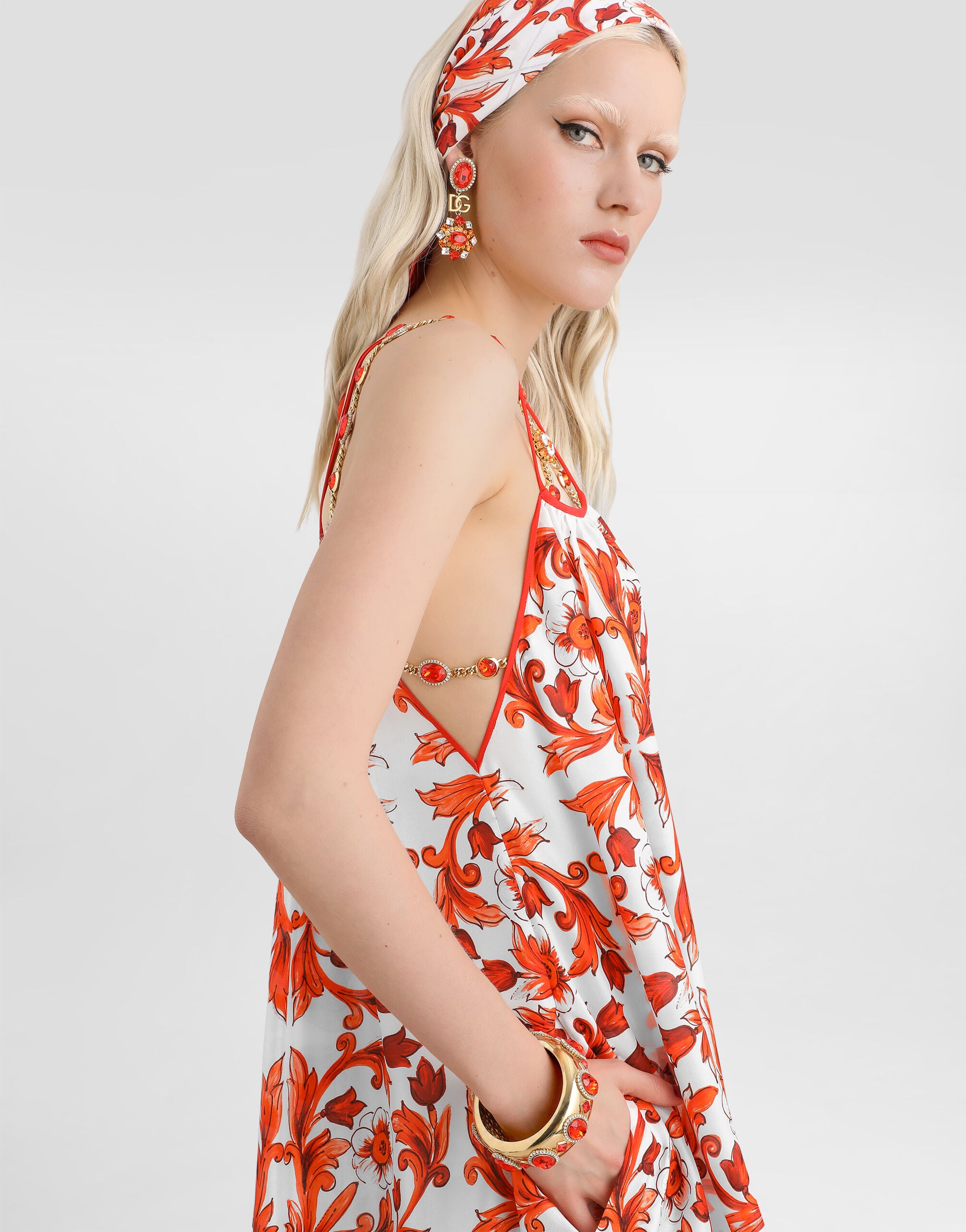 Majolica-print habotai long dress in Multicolor for Women