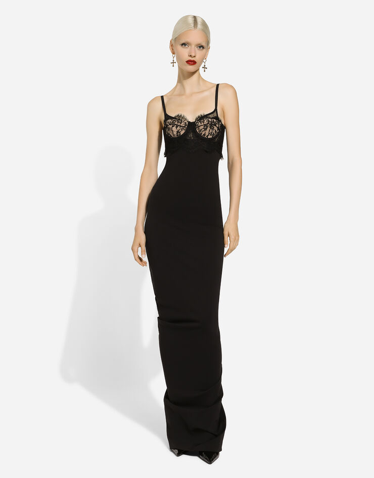 Dolce & Gabbana Langes Jerseykleid aus Milano Ripp mit Bustier Schwarz F6DBUTFUGPO